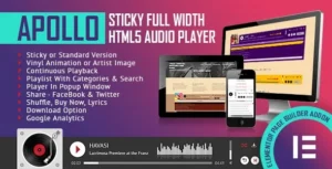 Apollo  – Sticky Full Width HTML5 Audio Player Elementor Widget
